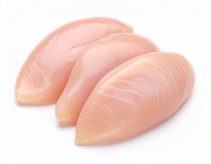 "Dramatic studio lighting on a freshly cut chicken breast, showcasing its texture and natural colors, set against a seamless white background. Ultra-detailed, cinematic food photography, full HD.