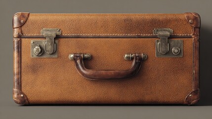 A weathered, tan leather suitcase with brass clasps and a worn wooden handle sits on a neutral background, showing signs of age and travel