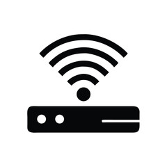 Black internet router emitting curved wifi signals from its antenna creates connection in transparent background