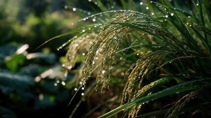 Close-up shot of water droplets on grass blades, captured in soft focus. The vibrant green grass is glistening. 