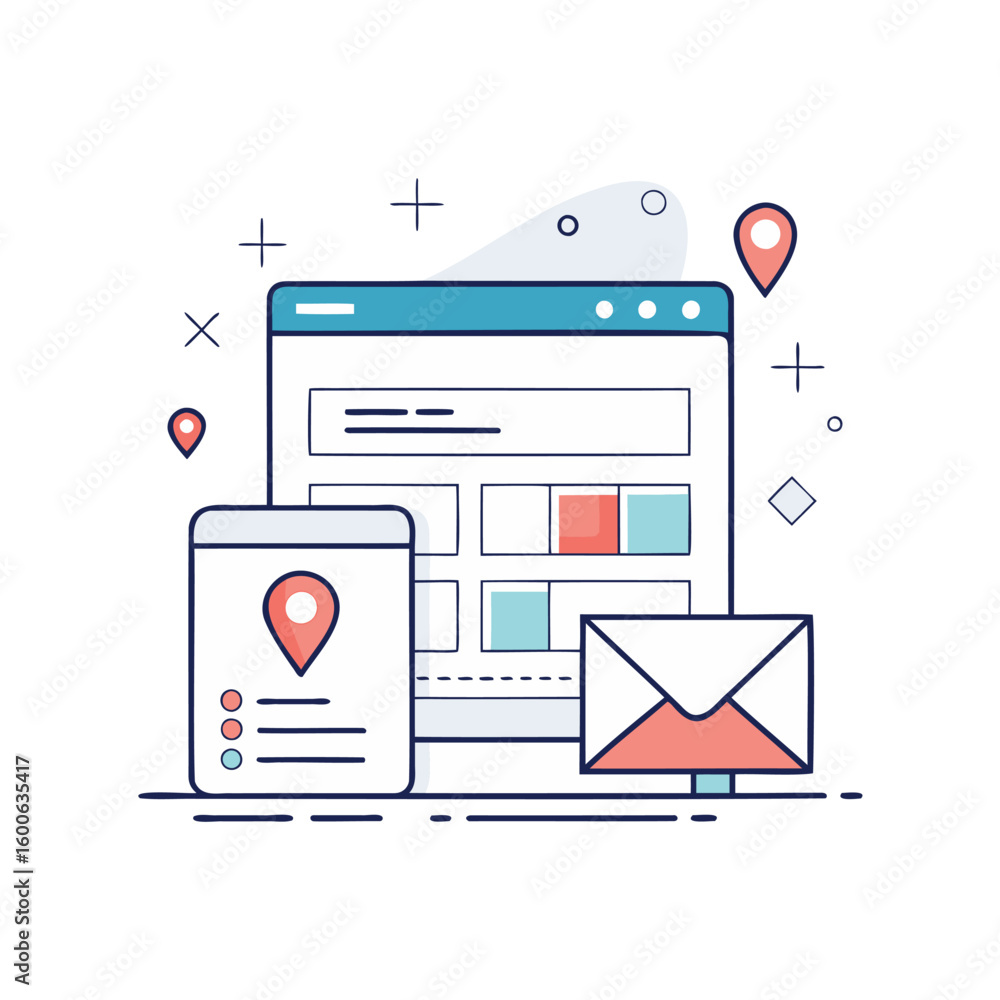 Poster digital marketing strategy with website mobile app and email communication isolated on white backgro