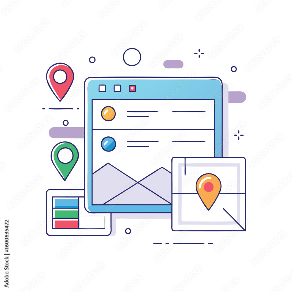 Poster digital marketing strategy with location pins and analytics charts isolated on white background