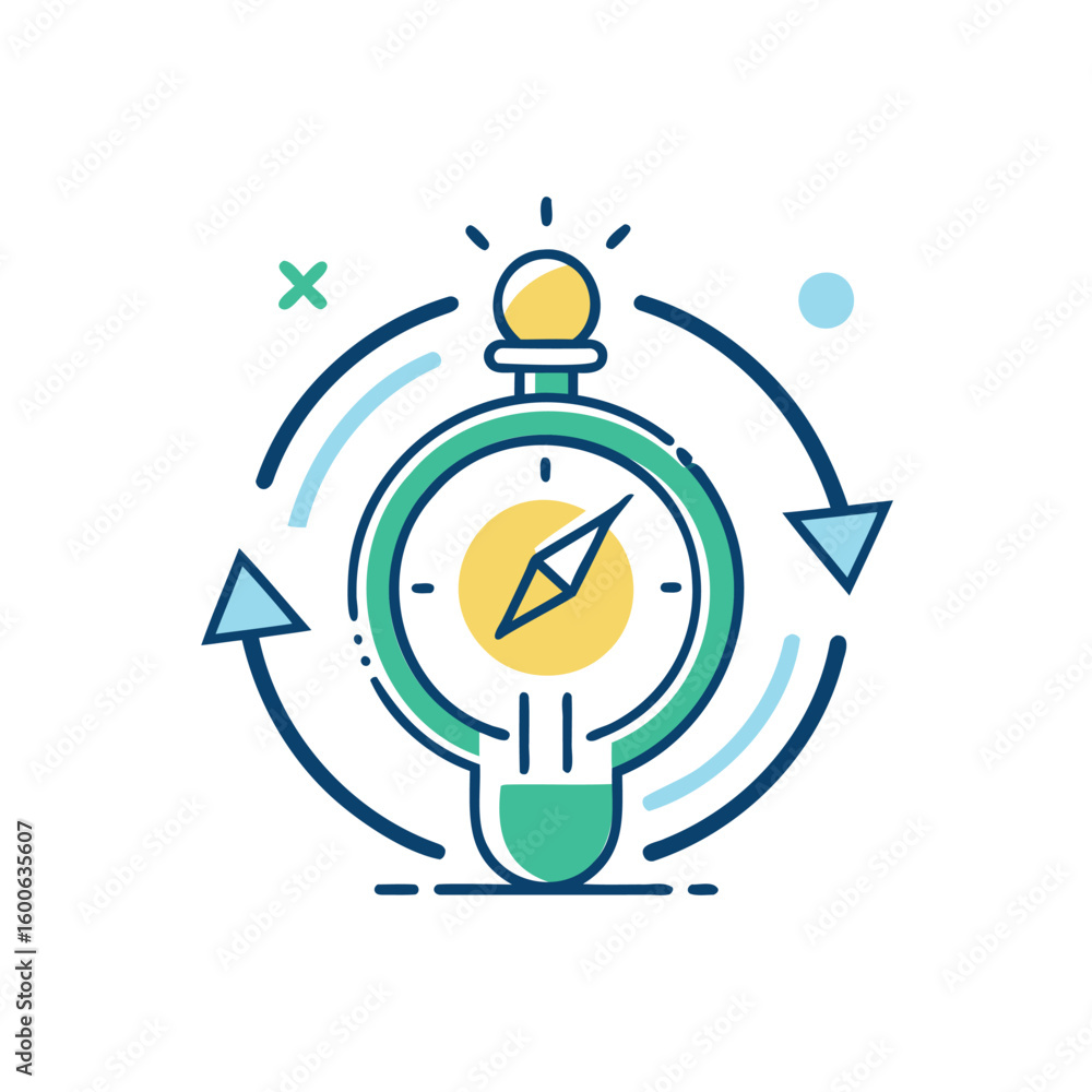 Poster circular arrow flow around a compass indicating direction and strategy isolated on white background