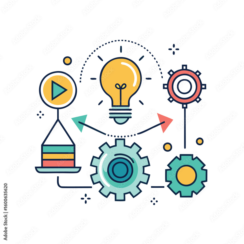 Poster conceptual illustration of a business process with a lightbulb and gears isolated on white backgroun