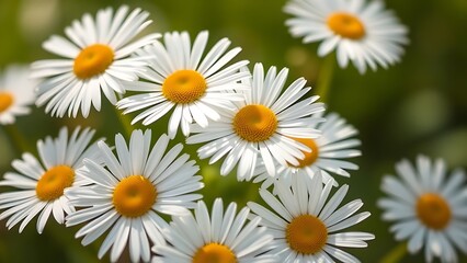 Fototapeta premium Close-up of fresh daisies with a soft green backdrop, natural light enhancing their delicate beauty.