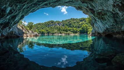 A blue-colored lake originating from the fall of a cave ceiling.