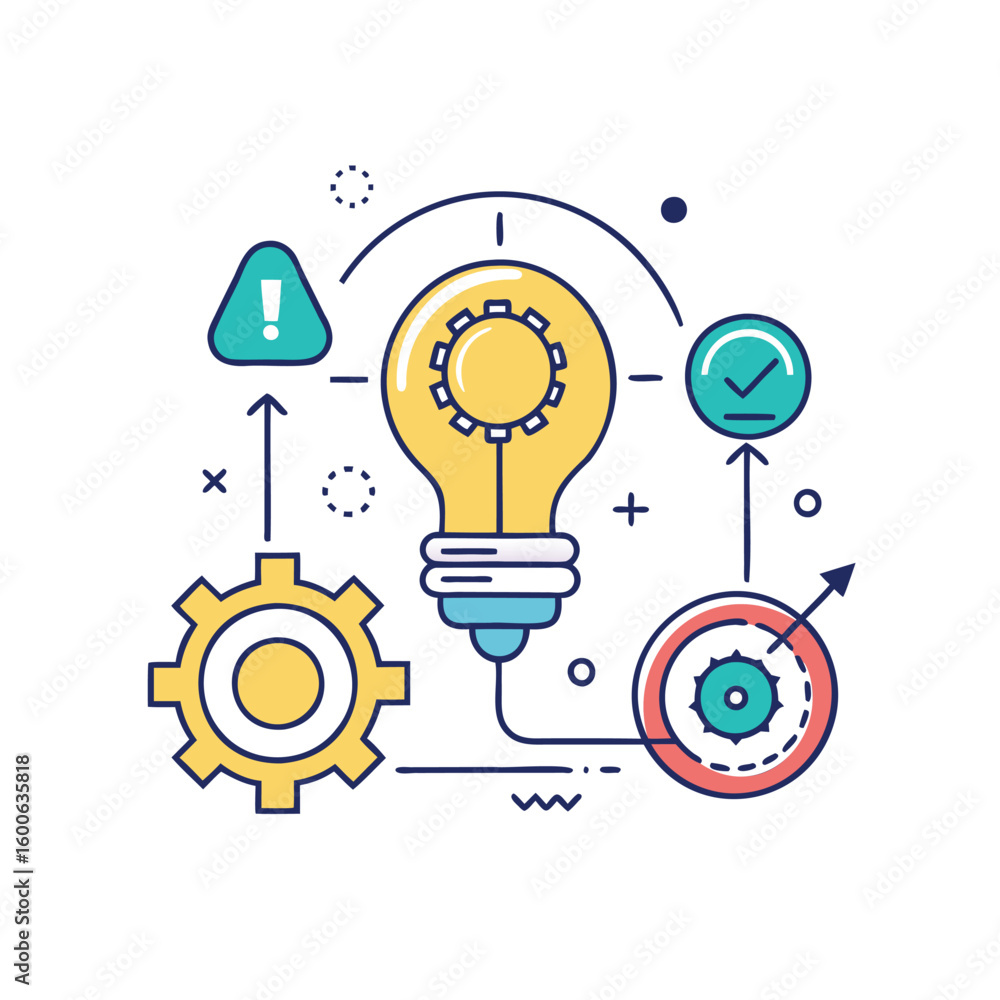 Poster conceptual illustration of a business process with a lightbulb idea and gears isolated on white back