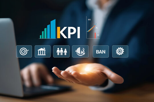 Business executive using KPI performance indicators with AI data analytics and digital dashboards to measure growth, optimize strategy, and digital transformation management