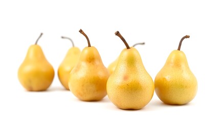 Glossy pears on white background, fresh and ripe, highlighting natural textures in a clean composition.