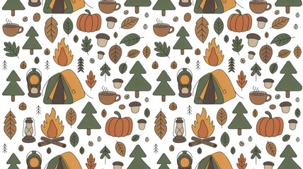Celebrate autumn camping adventures with this festive seamless pattern design for cozy fall decor projects