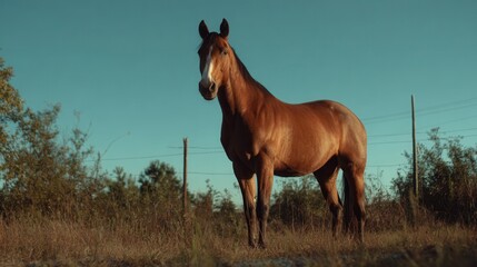 Obraz premium A solitary horse stands gracefully in a vast field, bathed in the warm glow of daylight. The animal gazes toward the viewer, conveying a sense of serenity.