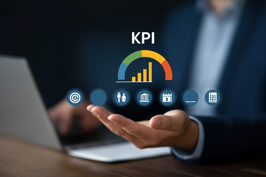 Business executive using KPI performance indicators with AI data analytics and digital dashboards to measure growth, optimize strategy, and digital transformation management