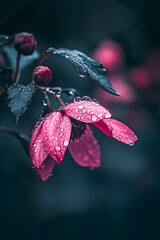 Raindrops delicately rest on vibrant pink petals in a tranquil scene.