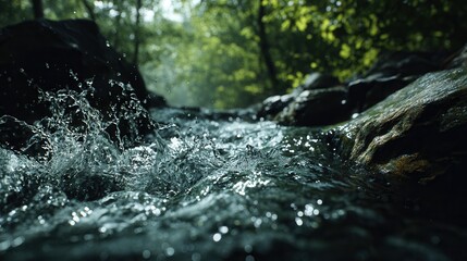 Close-up view of a bubbling stream with a lush green background, serene natural environment. The stream flows through rocks, reflecting the light of the sun. The water is crystal clear.