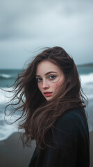 Fototapeta premium Young woman with flowing hair gazes at camera on a windy beach.