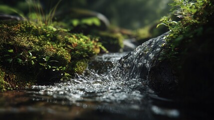 A gentle stream flowing over mossy rocks, a serene and refreshing natural landscape. The water cascades smoothly, creating a tranquil and peaceful atmosphere.