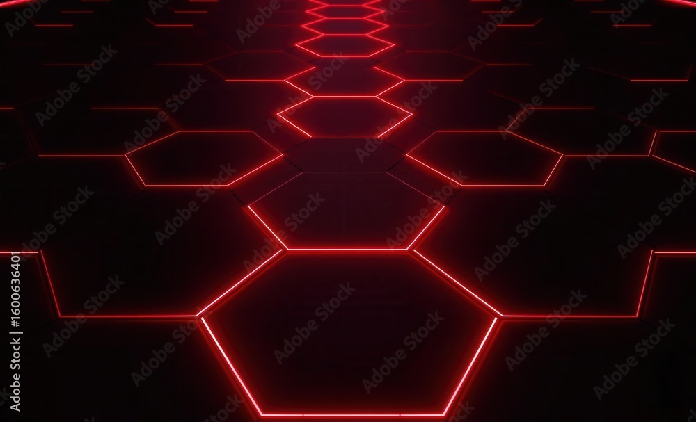 Poster dark textured surface with hexagonal tiles outlined by a vibrant neon red glow suggesting a high-tec