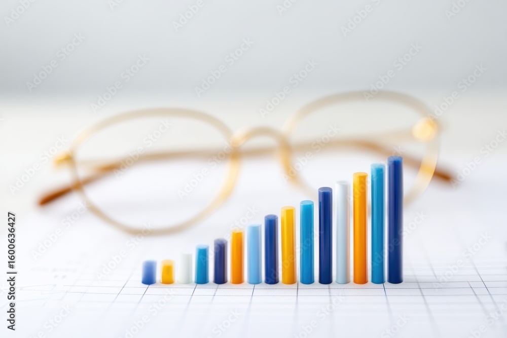 Aufkleber colorful bar graph display with blurred glasses in background on business data sheet