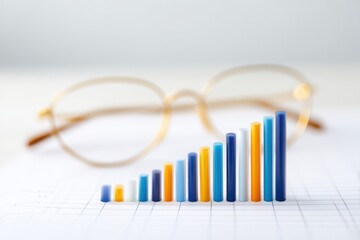 Colorful Bar Graph Display with Blurred Glasses in Background on Business Data Sheet