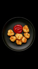 Golden chicken nuggets with ketchup on a black plate against a dark background.