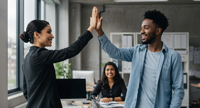 Two happy friendly diverse professionals, teacher and student giving high five standing in office celebrating success, good cooperation result, partnership teamwork and team motivation in office work.