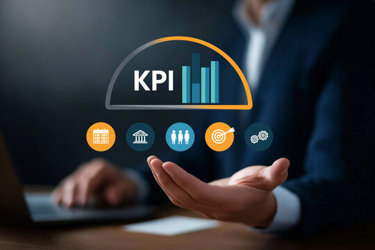 Business executive using KPI performance indicators with AI data analytics and digital dashboards to measure growth, optimize strategy, and digital transformation management