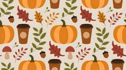 Download this autumn seamless pattern with pumpkins, leaves, coffee, and acorns for cozy fall projects