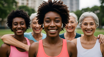 Happy multi generational women having fun together - Multiracial friends smiling on camera after sport workout outdoor - Main focus on african female face