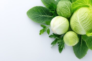 Fresh Green Cabbage and Herbs with Leafy Greens on White Background for Healthy Cooking