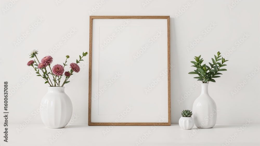 Poster front view poster frame mockup featuring decorative elements and flowers against a white background 