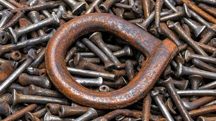 Rusty metal loop amidst many nails
