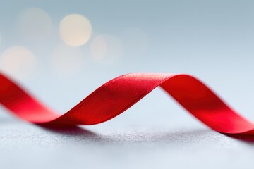 Elegant Red Ribbon Curving Over Soft Background with Subtle Bokeh Lights in the Distance