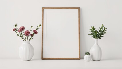 Front view poster frame mockup featuring decorative elements and flowers against a white background with empty space for text.