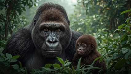 Obraz premium A mountain gorilla and its cub captured from a short distance
