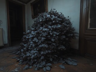 An indoor shot depicting overgrown foliage within a structure