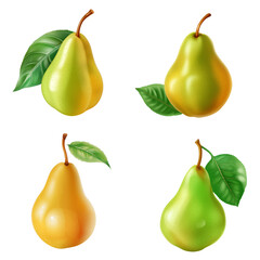 Various ripe pears showcasing different stages of maturity and colors on a plain background