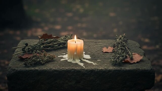 A woman's hand with a lit candle on a stone altar. Pagan ritual with dried herbs in a dark, mystical forest setting.