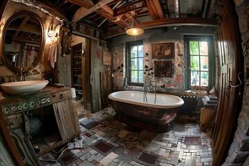 Eclectic bathroom interior with vintage bathtub, sink, and wooden accents for unique style