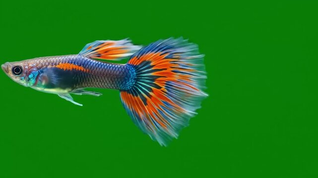 A guppy swimming against a green backdrop showcasing its vibrant orange and blue tail