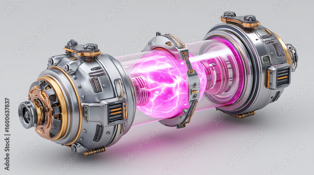 Poster advanced technological device with glowing plasma. future energy source concept. high-tech engineeri