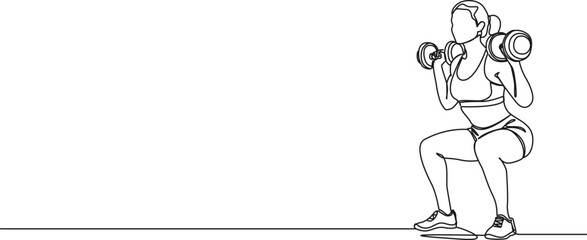 continuous single line drawing of female athlete doing dumbbell squats, line art vector illustration
