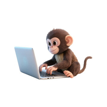 A realistic and intelligent-looking baby monkey sitting and typing on a modern laptop