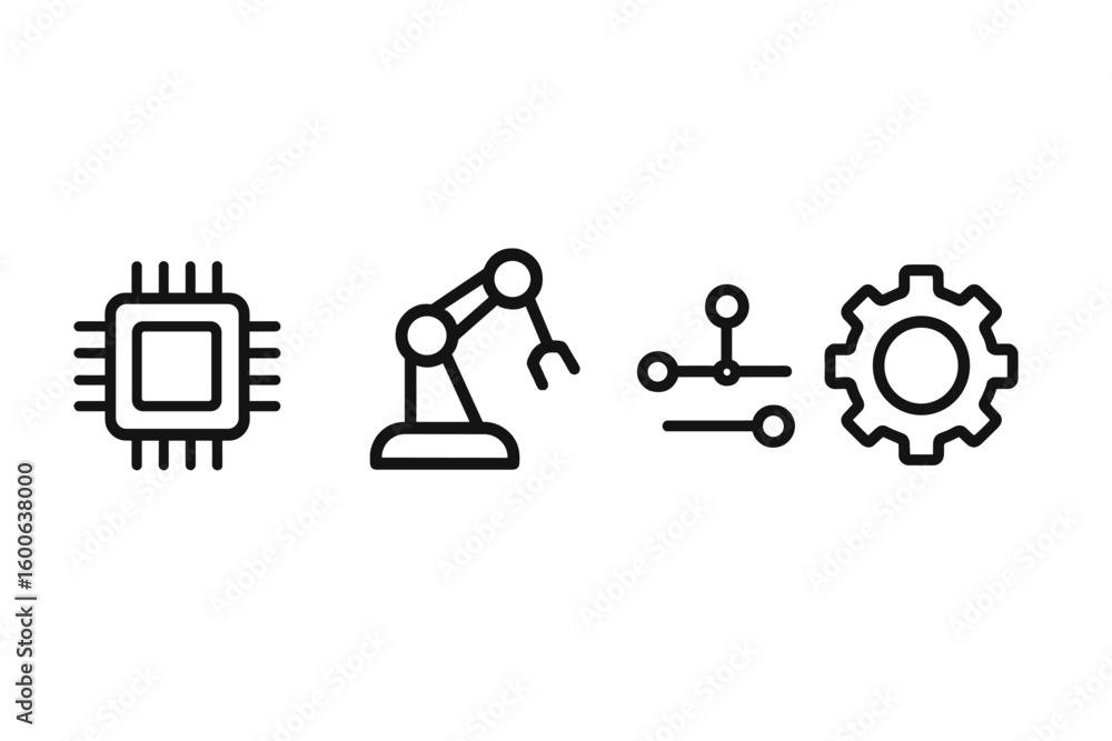 Poster technology symbols representing microchips, robotics, and engineering concepts in a minimalist desig