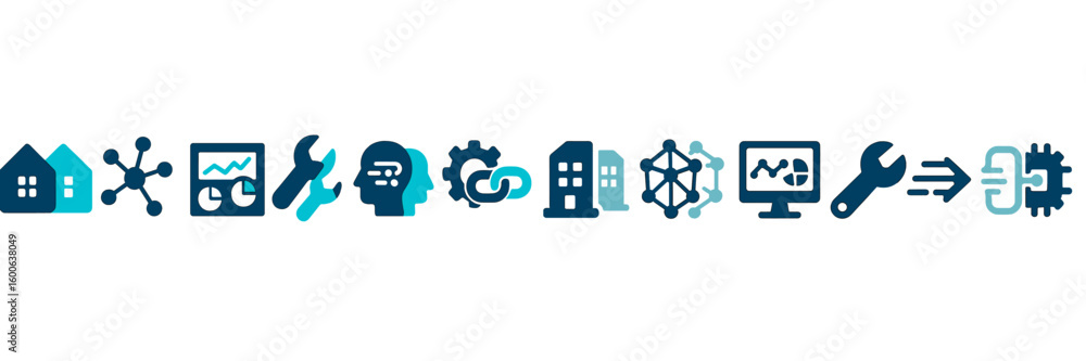 Poster symbols representing technology, data analysis, and connectivity in a modern design theme suitable f