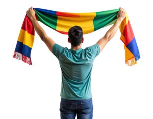 Happy Sports Enthusiast Celebrating Goal with Scarf, Isolated on Transparent Background.