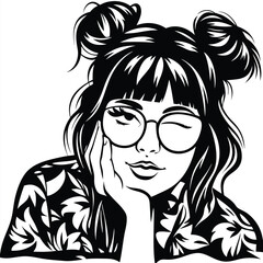 Winking girl with space buns and floral shirt rests her head in black and white