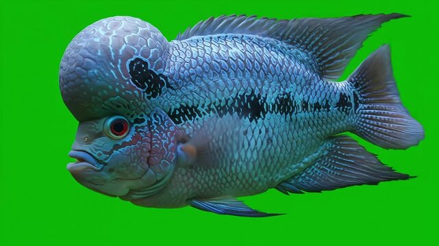 A large blue flowerhorn fish with a prominent nuchal hump mottled scales and red eyes swimming in front of a green background