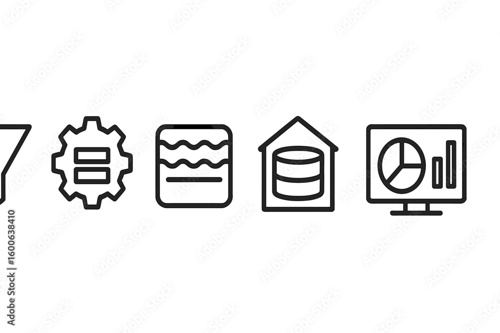 Poster symbols representing data processing and analysis in a modern digital workspace environment