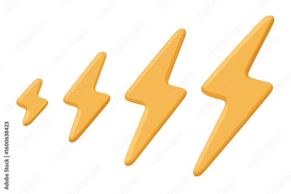 Poster yellow lightning bolt symbols in various sizes arranged in ascending order on a white background