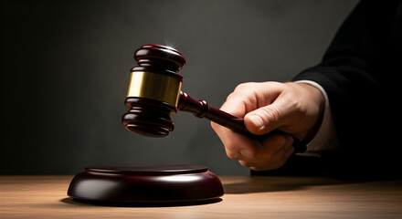 Dark Wooden Gavel Held in Hand Over Wood Base on Table